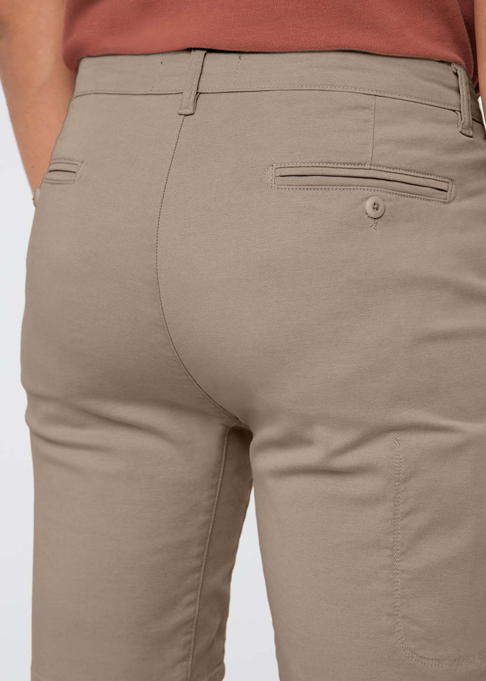 Sandstone shorts with zippered back pocket and belt loops, rear view.