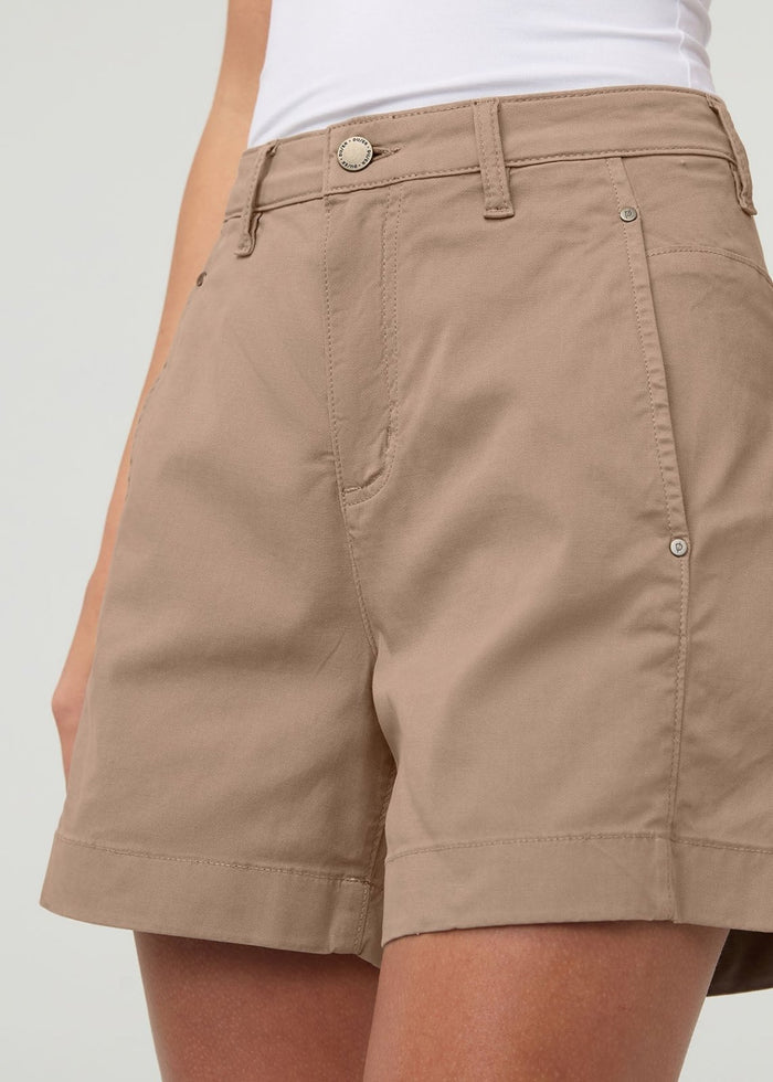 Women's Tan High Rise Stretch Twill Short front waistband detail