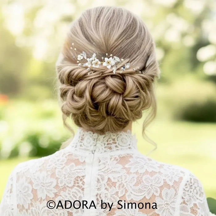 Wedding Hair Accessories - Ceramic Flowers Bridal Hair Comb - Available in Silver and Gold