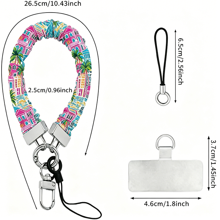 A vibrant Love Riot scrunchie phone wrist strap featuring a colorful neon graffiti "LOVE" and heart design attached to a matching Wavy Luxe phone case on a bright street art background.