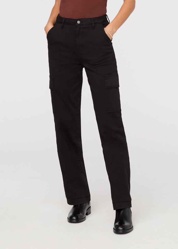 Women's Black High Rise Twill Cargo Pants front