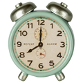 Vintage-style alarm clock with a light green casing on a white background