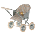 Blue toy stroller with patterned seat on a white background