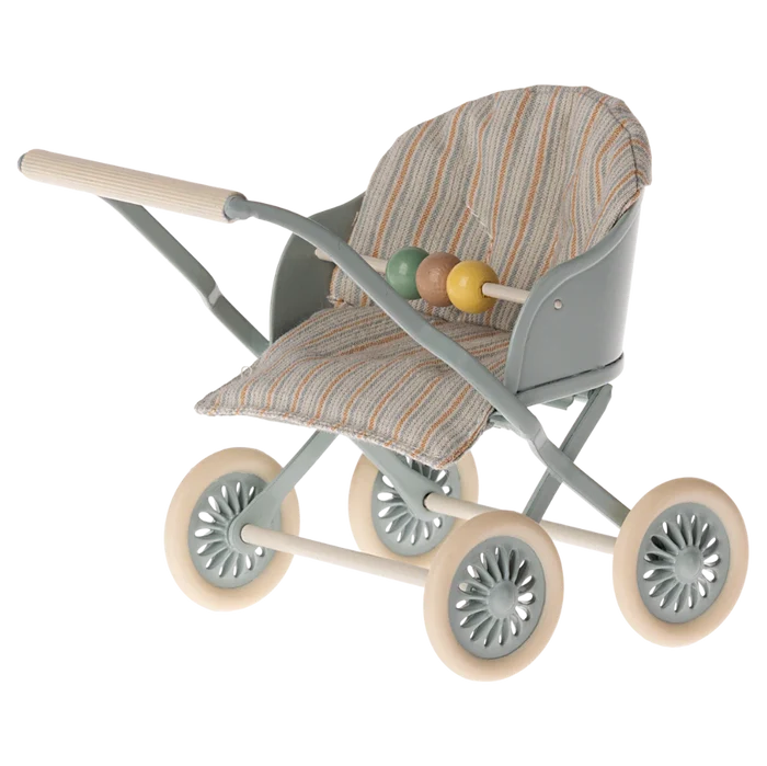 Blue toy stroller with patterned seat on a white background