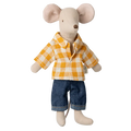 A toy mouse with a checked shirt and denim pants.