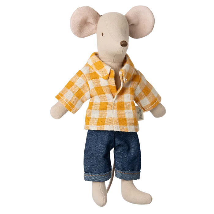 A toy mouse with a checked shirt and denim pants.