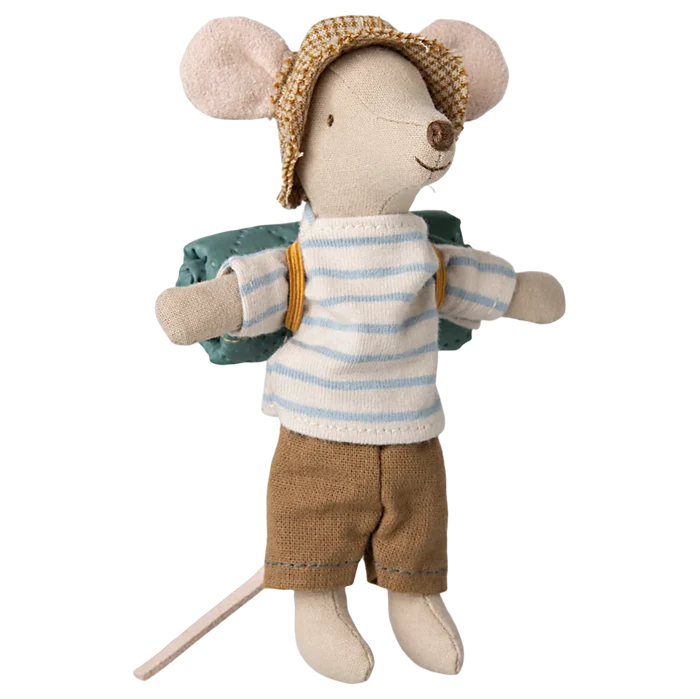 A toy mouse dressed in a striped shirt and pants, with a hat on its head, holding a sleeping bag, and equipped with a backpack.