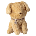 Beige stuffed dog toy with a collar on a white background