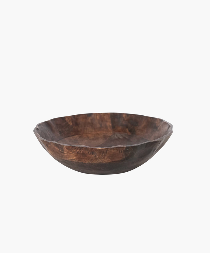 A wooden bowl with a polished surface, featuring a scalloped edge and rich brown tones conveying a warm, earthy feel. | Wildwood Home Co.