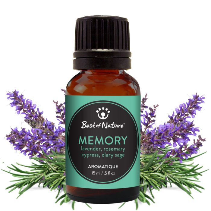 Bottle of Best of Nature Memory essential oil blend with lavender and rosemary on a white background