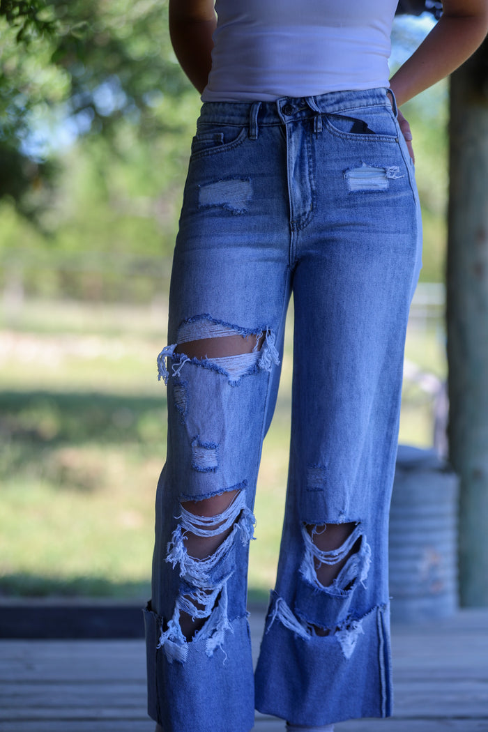 Mid Wash Crease Cuffed High Rise Boyfriend Jeans