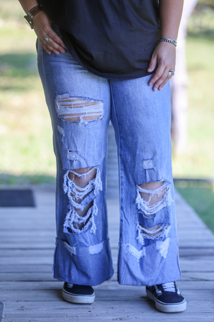 Mid Wash Crease Cuffed High Rise Boyfriend Jeans
