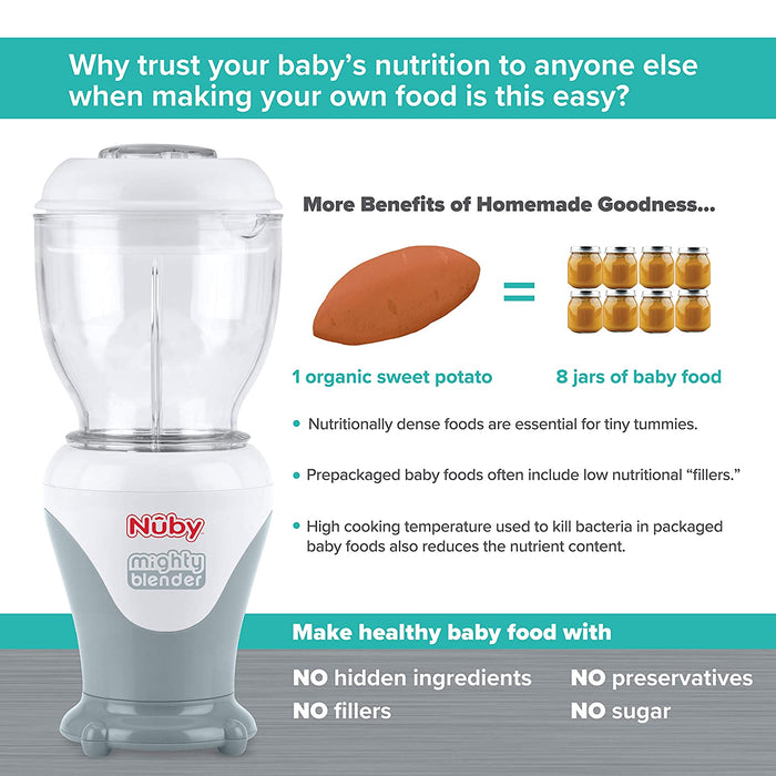 Infographic with the Mighty Blender 22-Piece Baby Food System, sweet potato, and 8 jars. Text: Homemade baby food means no hidden ingredients, fillers, sugar, or preservatives—just pure goodness for your baby.