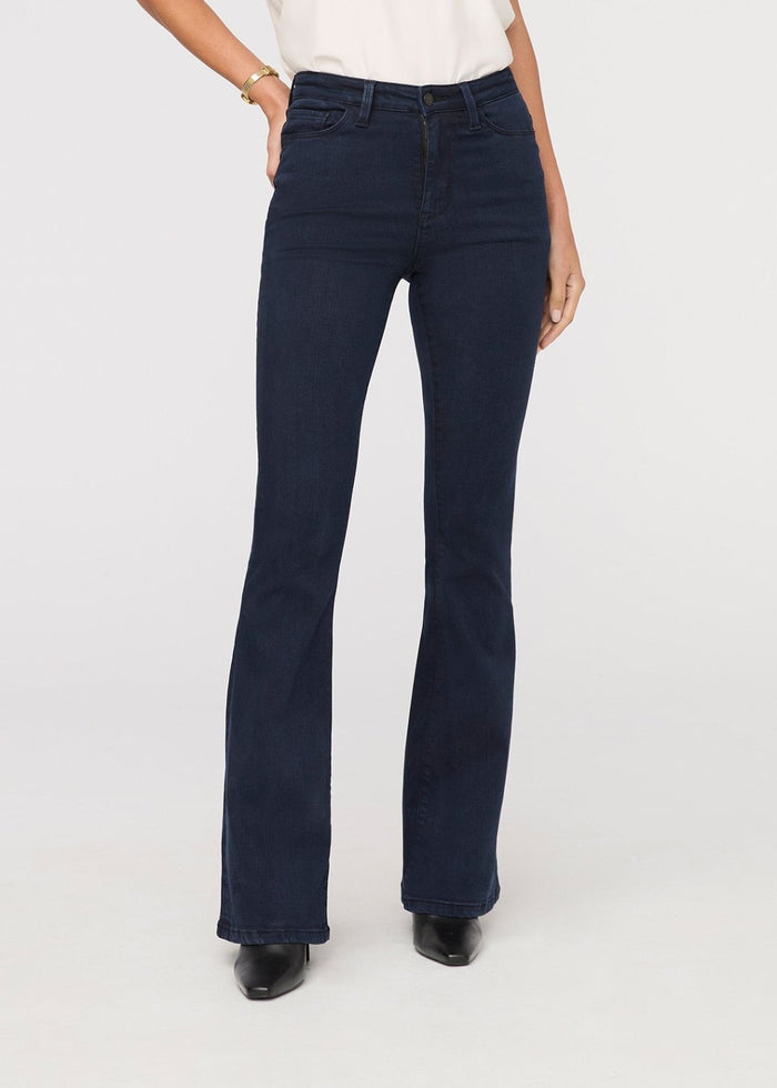womens no sweat denim high rise flare dusk blue front