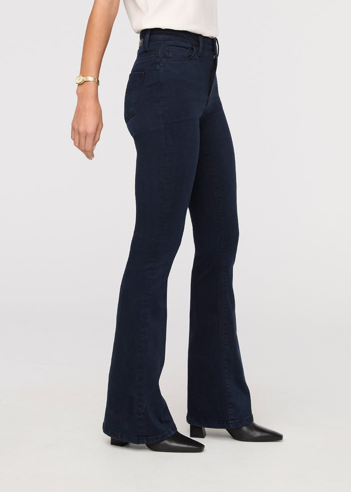womens no sweat denim high rise flare dusk blue side