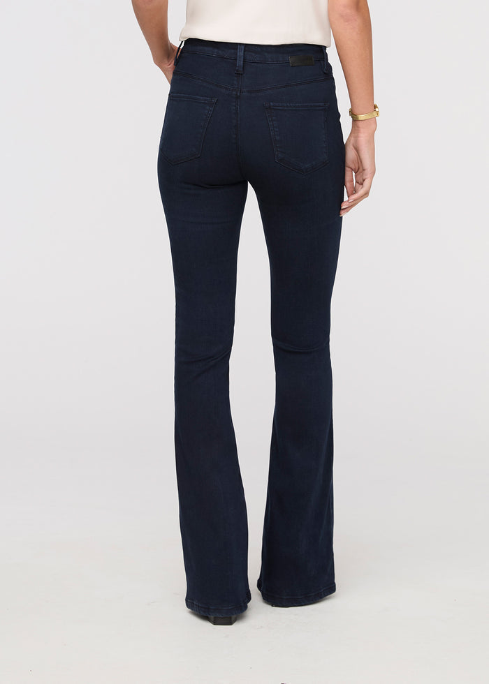 womens no sweat denim high rise flare dusk blue back