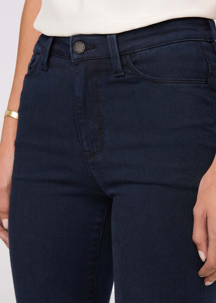 womens no sweat denim high rise flare dusk blue front waistband