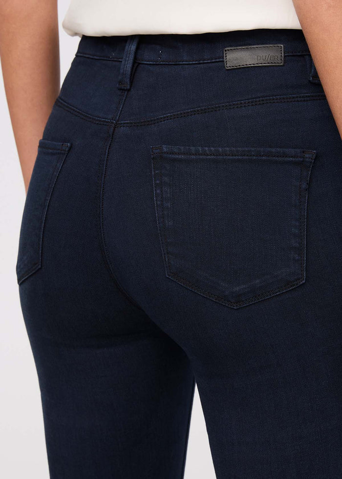 womens no sweat denim high rise flare dusk blue back waistband