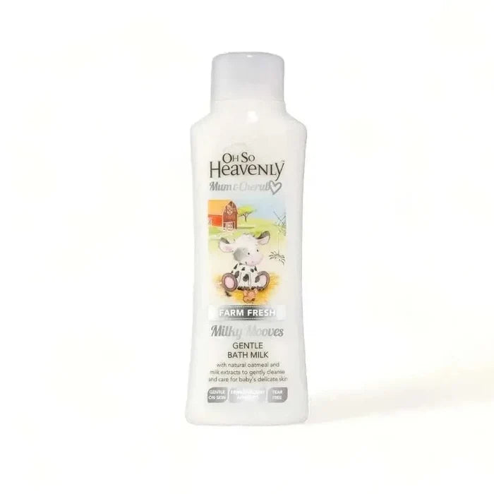Oh So Heavenly Mum & Cherub Farm Fresh Milky Mooves Gentle Bath Milk 750ml bottle with creamy foamy bath milk and natural ingredients for baby skin care