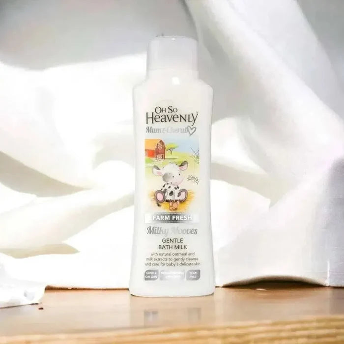 Oh So Heavenly Mum & Cherub Farm Fresh Milky Mooves Gentle Bath Milk 750ml bottle with cow illustration