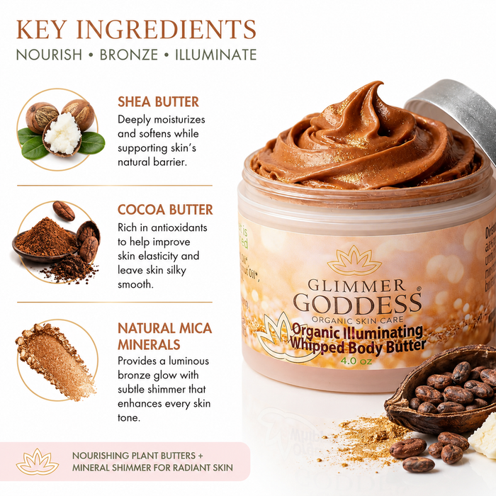 Glimmer Goddess Organic Skin Care Whipped Body Butter jar shown on a white background with ingredient callouts for shea butter, cocoa butter, and natural mica minerals.