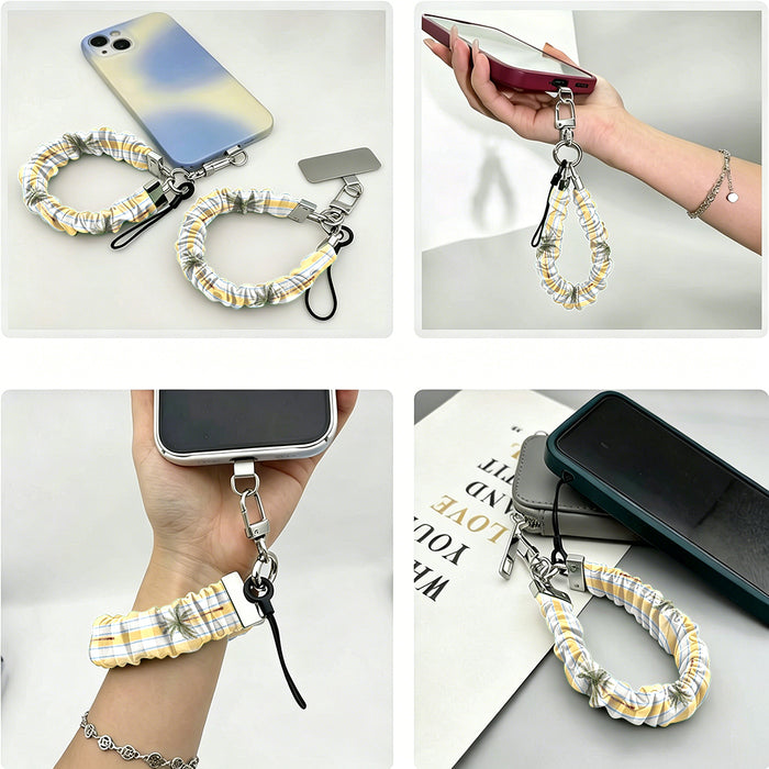 Four ways to use the Palm Shore Club scrunchie phone wrist strap: clipped to a phone case, held in the hand, worn on the wrist, and resting beside a phone on a book.