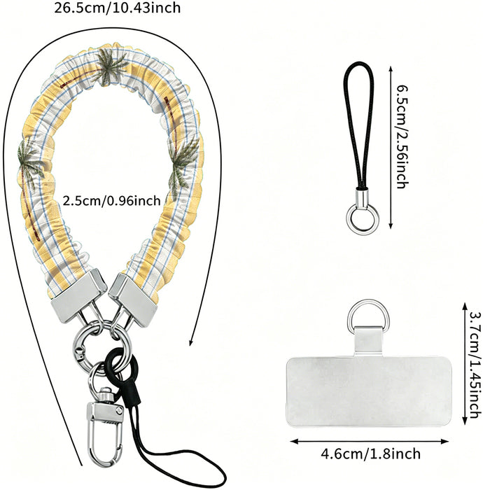 Dimension diagram for the Palm Shore Club scrunchie phone wrist strap: 26.5 cm strap length, 2.5 cm width, 6.5 cm loop cord, and a 4.6 by 3.7 cm phone attachment tab.