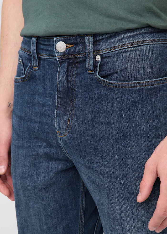 mens blue athletic straight fit stretch jeans front waistband detail