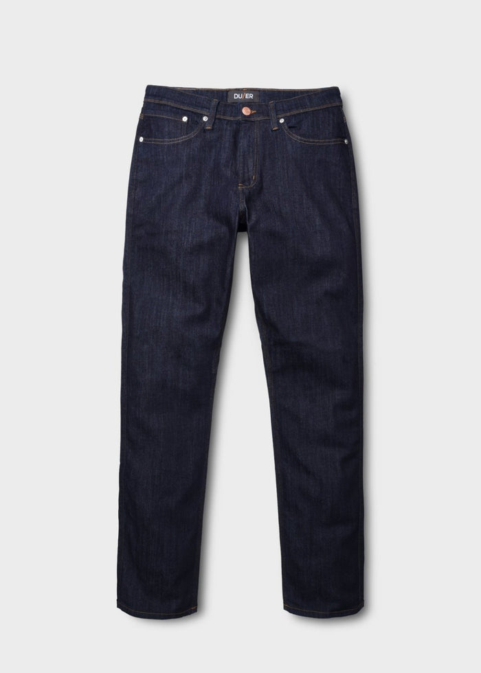 mens dark blue wash relaxed fit stretch jeans flat lay