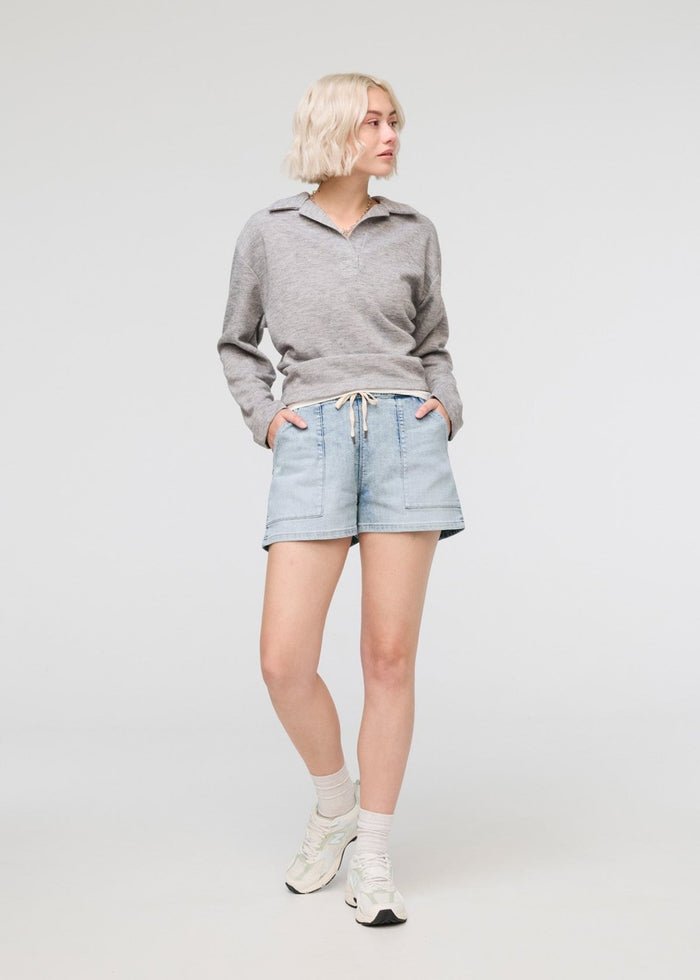womens light blue relaxed drawstring denim short full body