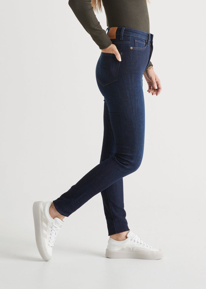 womens high rise stretch denim dark wash skinny jean side