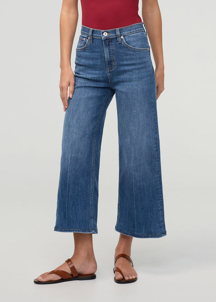 Blue denim high-rise wide-leg crop pants with a button fly and five-pocket styling.