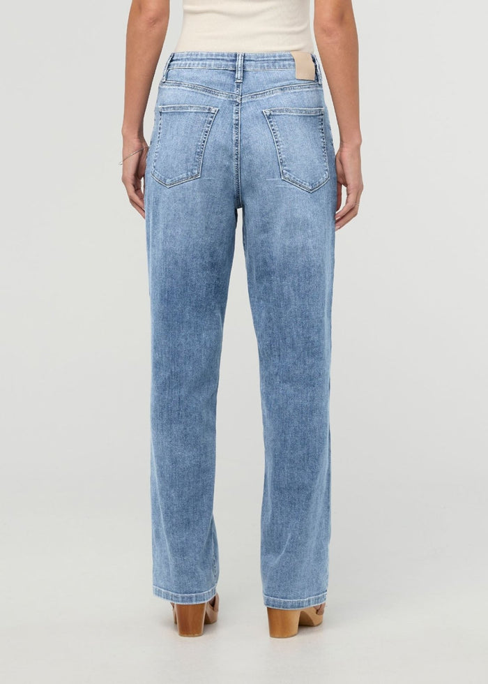 Light stone wash high-rise straight denim jeans with five-pocket styling, shown from back view.