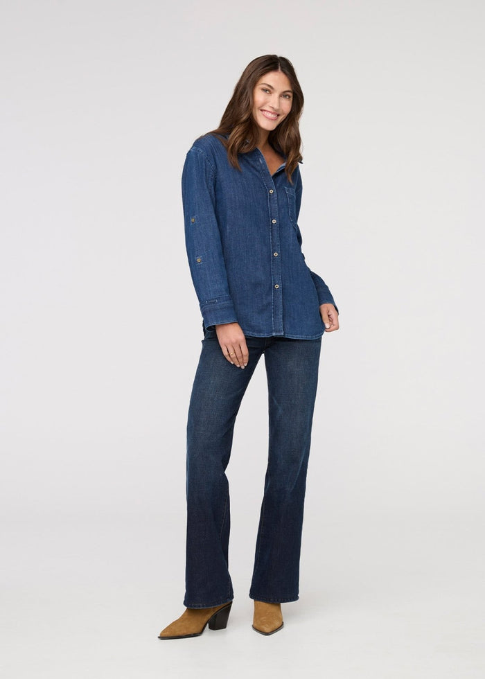 womens medium stone lightweight denim relaxed button down full body