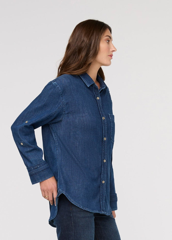 womens medium stone lightweight denim relaxed button down side