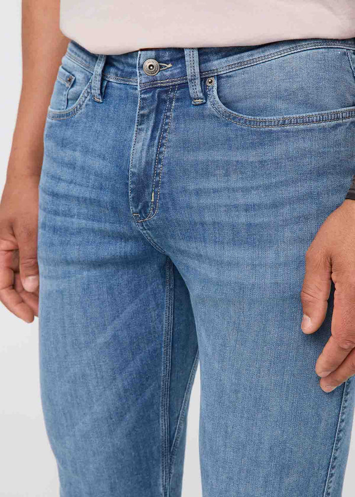 mens performance denim lite slim straight slate indigo front waistband detail