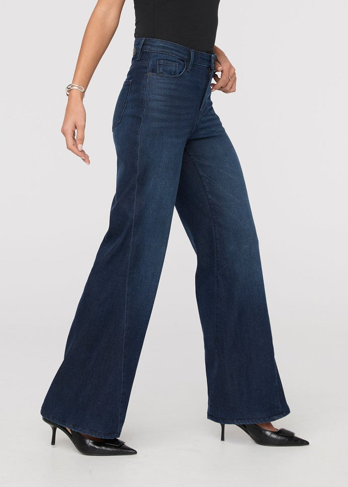 women's dark wash no sweat denim high rise wide leg side
