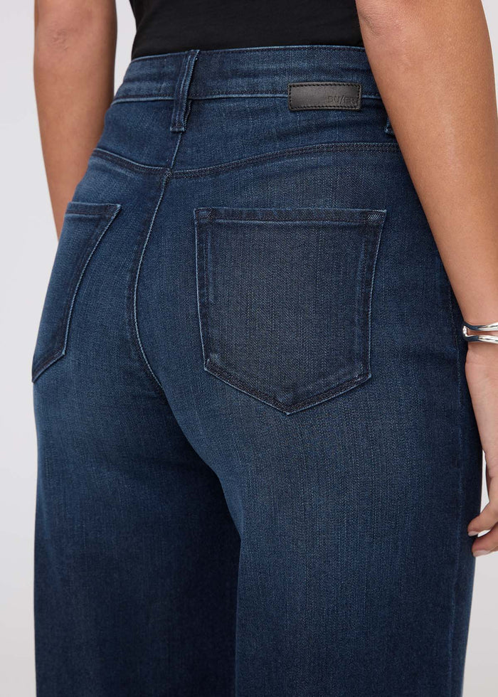 women's dark wash no sweat denim high rise wide leg back patch and pocket