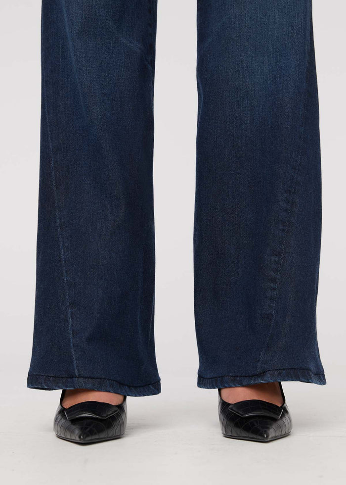 women's dark wash no sweat denim high rise wide leg twisted seam detail