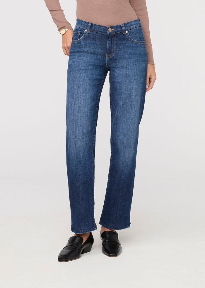womens blue cascade mid rise straight stretch jeans front