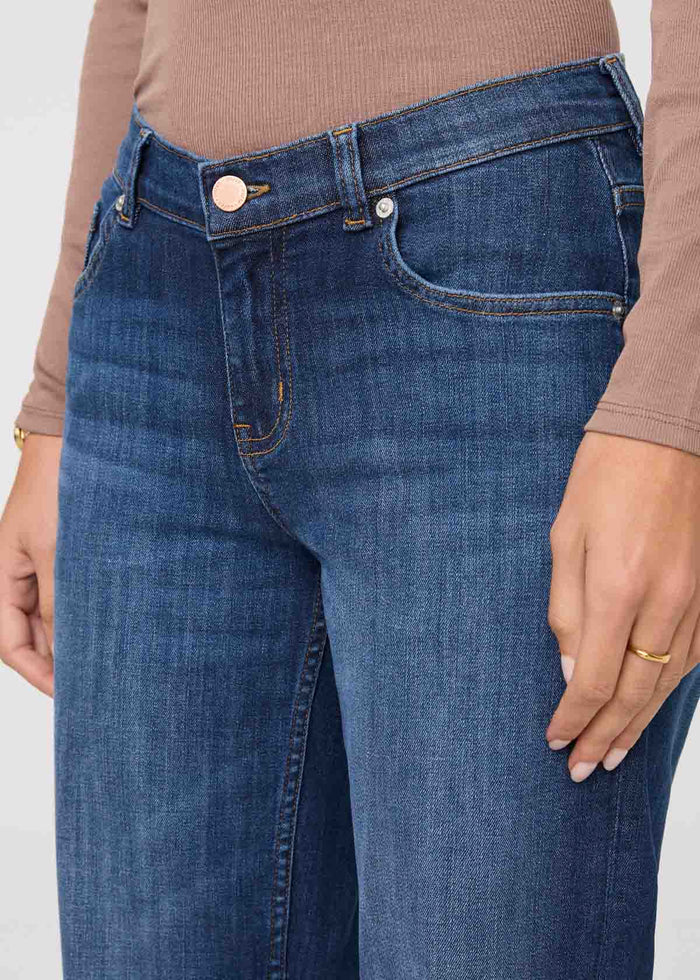 womens blue cascade mid rise straight stretch jeans front waistband