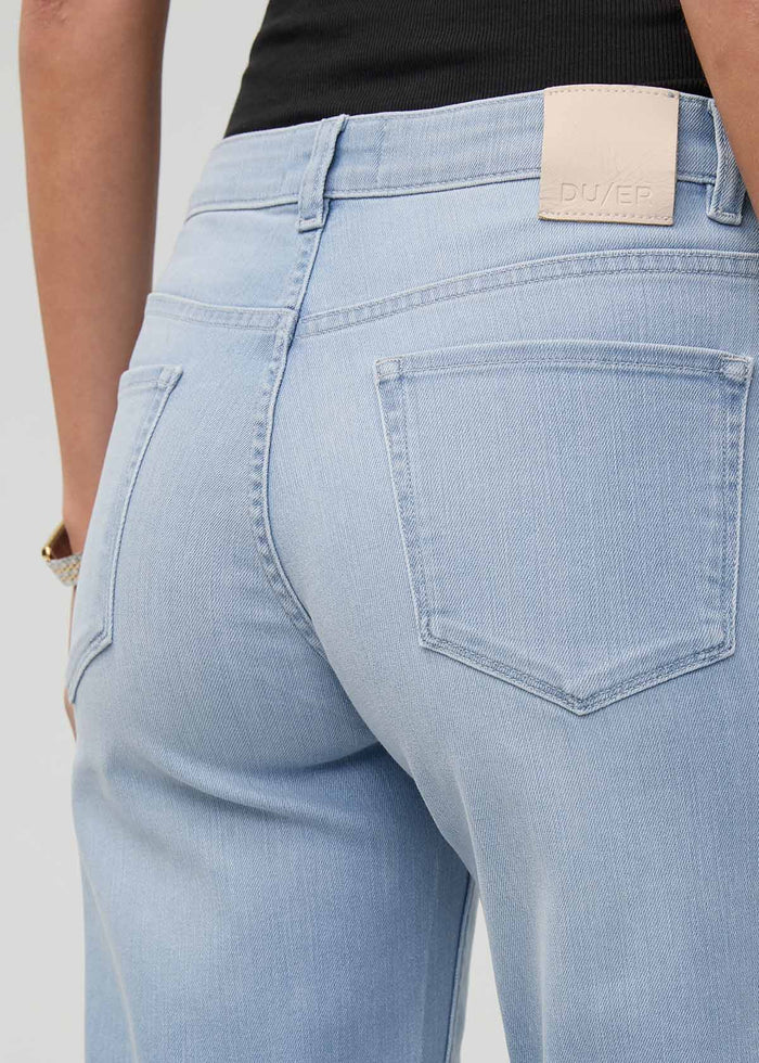 Womens Desert Blue Mid Rise Straight Stretch Jeans rear waistband detail