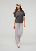 Light-wash mid-rise straight denim jeans with a subtle fade, styled with a dark gray t-shirt.