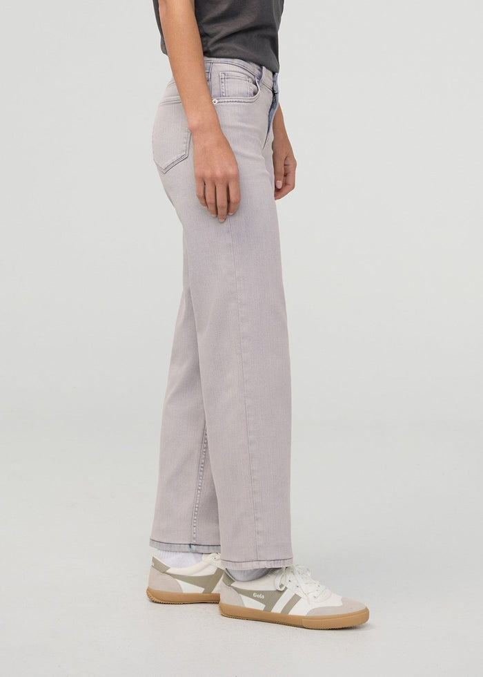 Light gray straight-leg denim jeans with faded finish, mid-rise waistband, and visible stitching details.