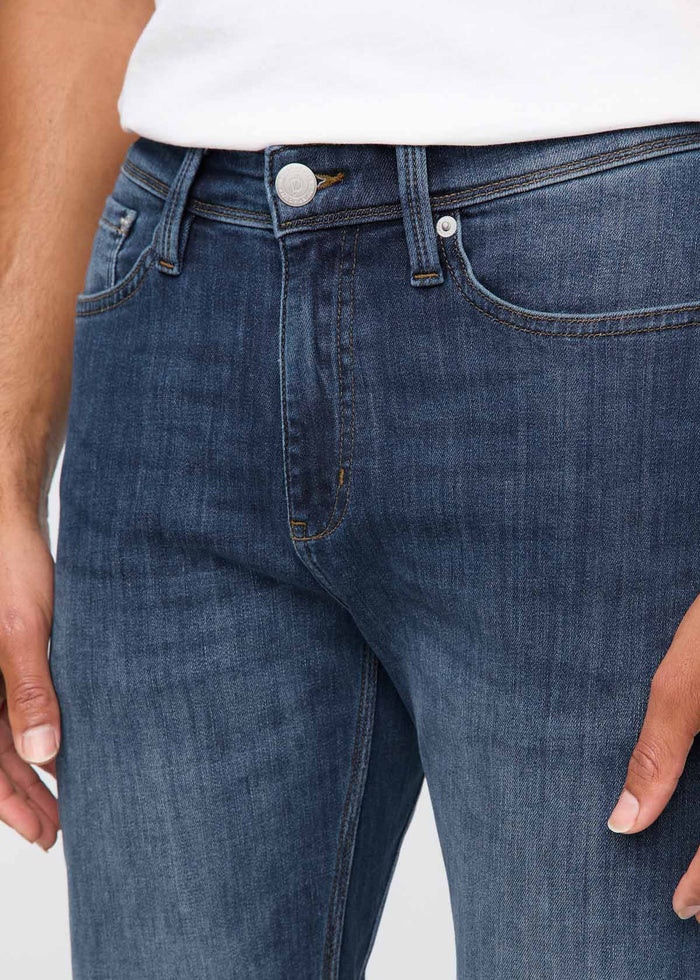 mens medium wash slim fit stretch jeans front waistband detail