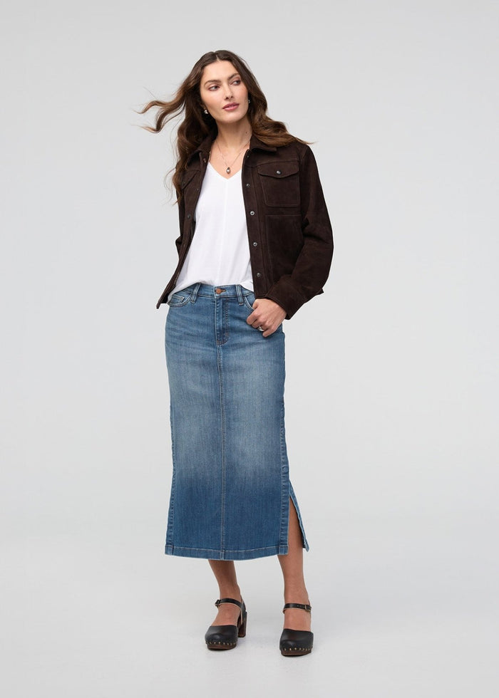 womens blue ash denim slit skirt full body