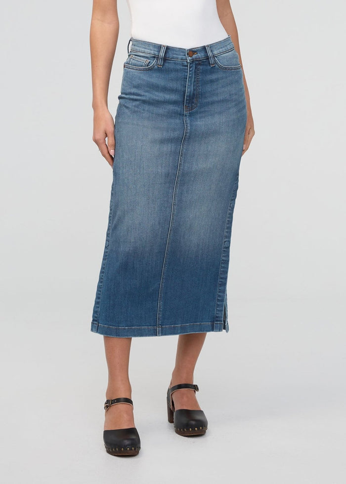 womens blue ash denim slit skirt front