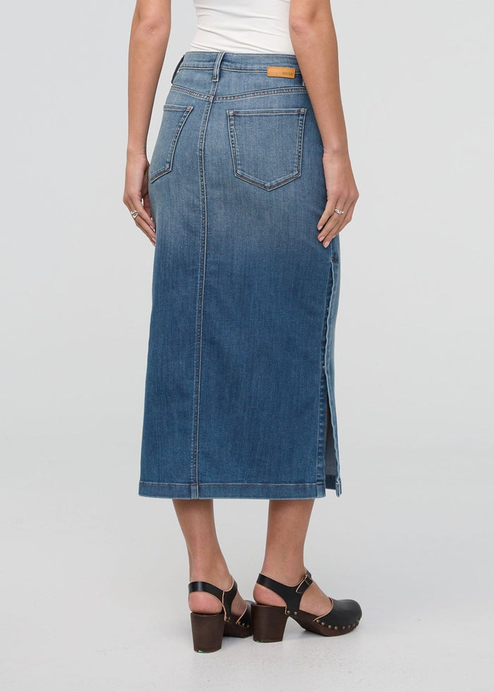 womens blue ash denim slit skirt back