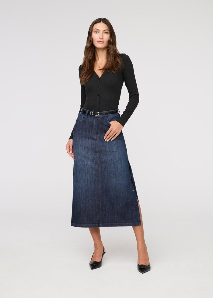 womens dark stone denim slit skirt full body