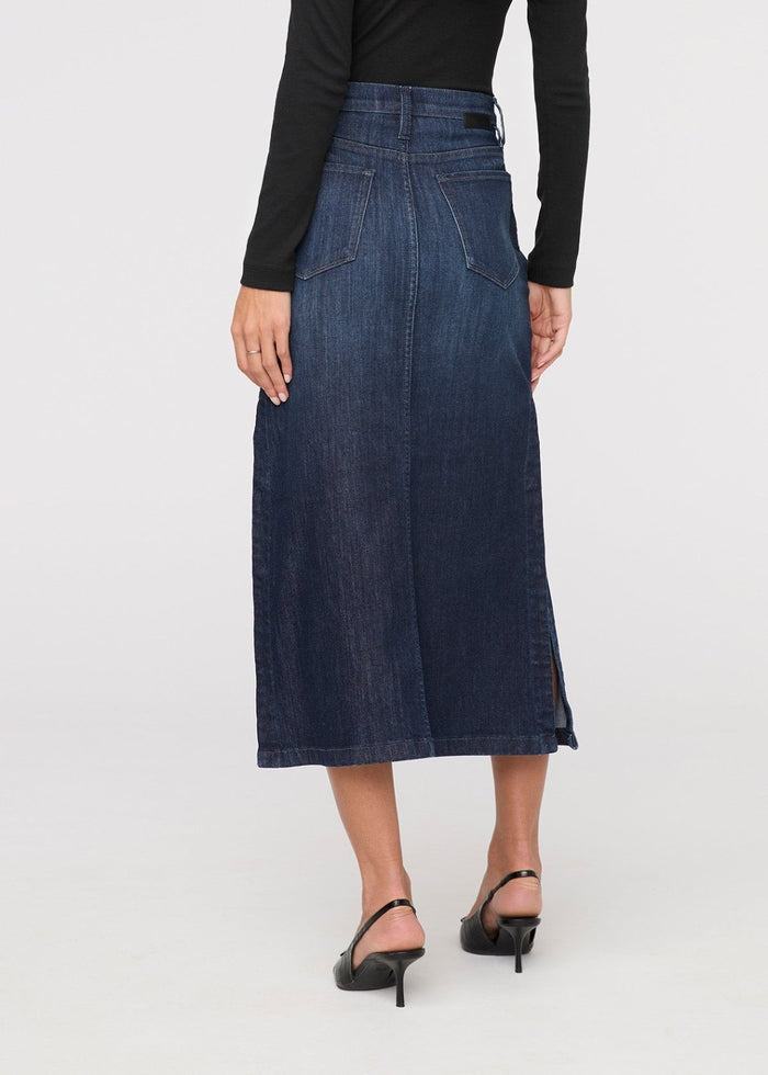 womens dark stone denim slit skirt back